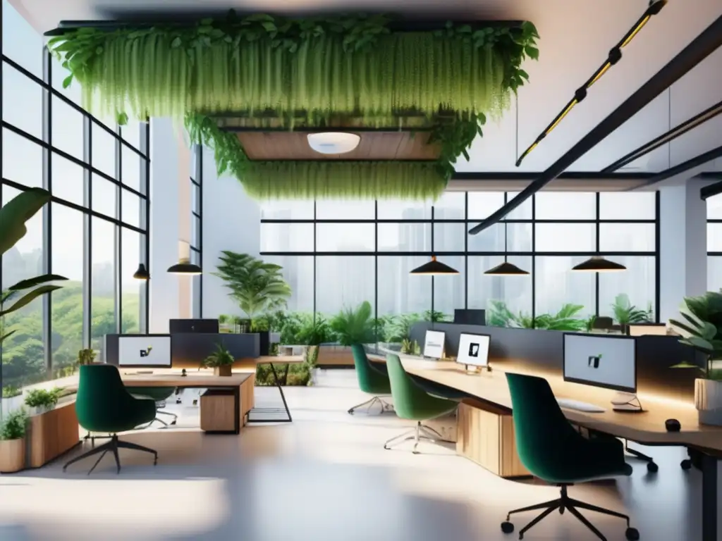 Espacio de oficina sostenible y vibrante Oficina startup ecológica con certificaciones verdes y equipo diverso