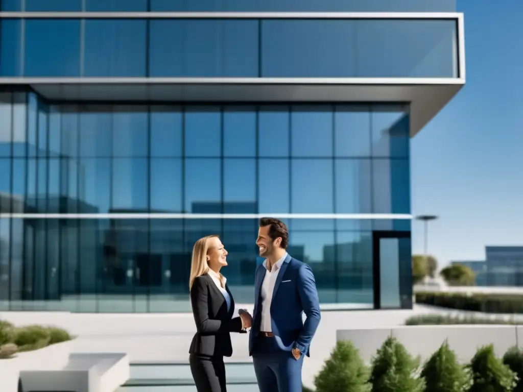 Edificio moderno de oficinas con agente inmobiliario Oficina comercial exitosa - Inversiones comerciales clave éxito - Asesoría especializada en propiedades