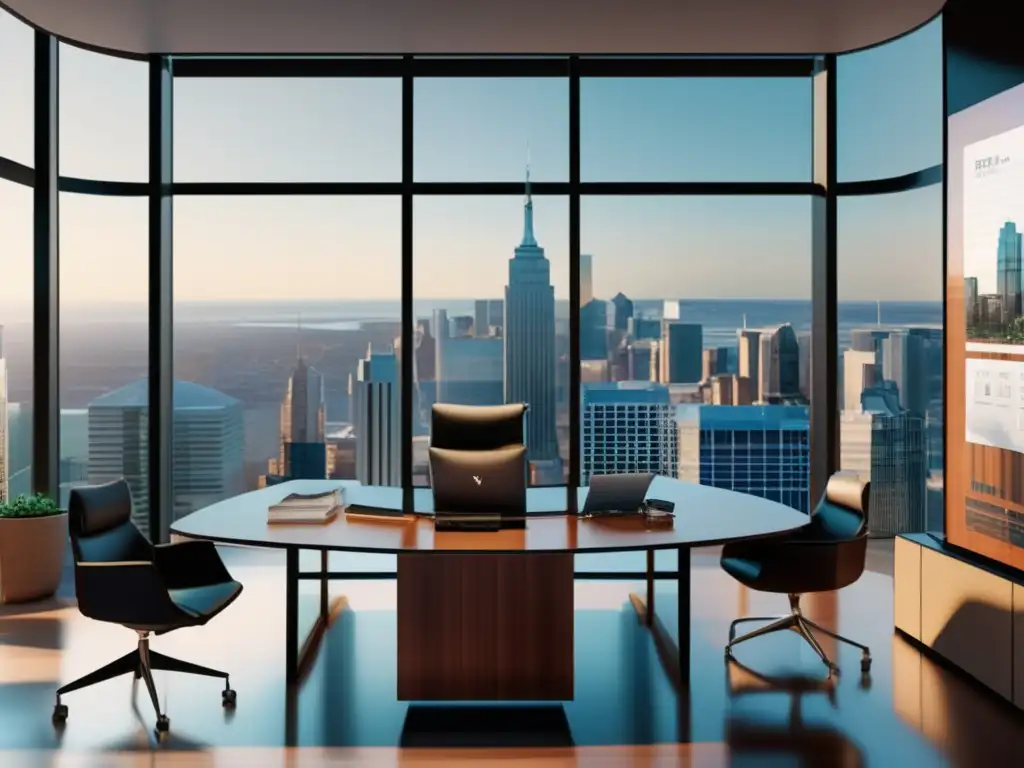 Estrategia Buffett: Oficina moderna y profesional Oficina elegante con vista a la ciudad y escritorio de madera con estrategia Buffett: Análisis Portafolio Leyenda