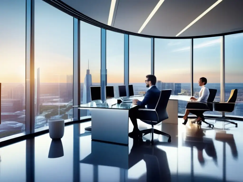 Oficina financiera moderna: profesionales analizando datos Oficina financiera moderna con análisis fundamental para inversiones (110 caracteres)