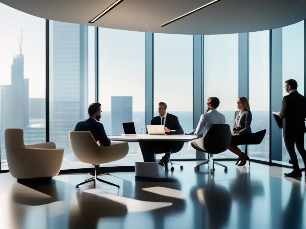 Oficina financiera moderna con inversores aprendiendo sobre impuestos Oficina financiera moderna con inversores y novatos aprendiendo sobre fiscalidad de la bolsa