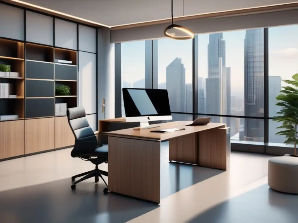 Oficina financiera moderna y sofisticada Oficina financiera moderna con muebles minimalistas, escritorio de madera y libros sobre estrategias para diversificar tu cartera de inversiones