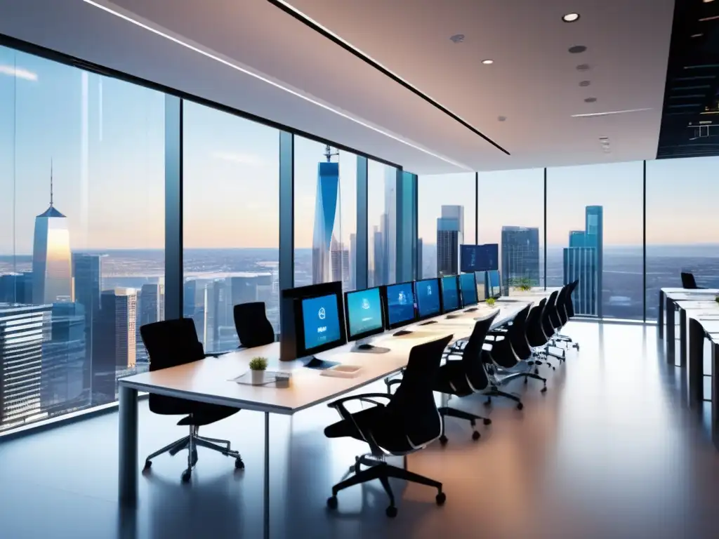 Oficina financiera moderna con profesionales y criptomonedas Oficina financiera moderna con profesionales ocupados y pantalla de datos criptográficos - Cursos de compliance criptomonedas