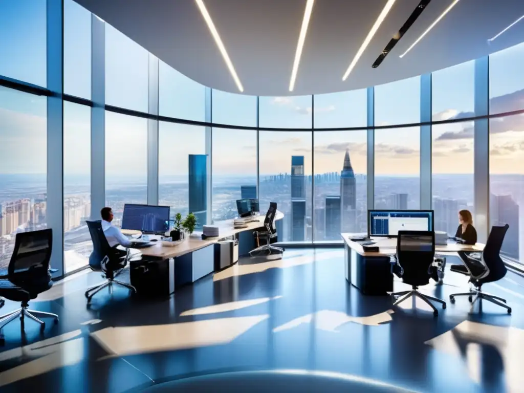 Oficina financiera moderna y dinámica Oficina financiera moderna con profesionales discutiendo - Cursos de inversión a largo plazo