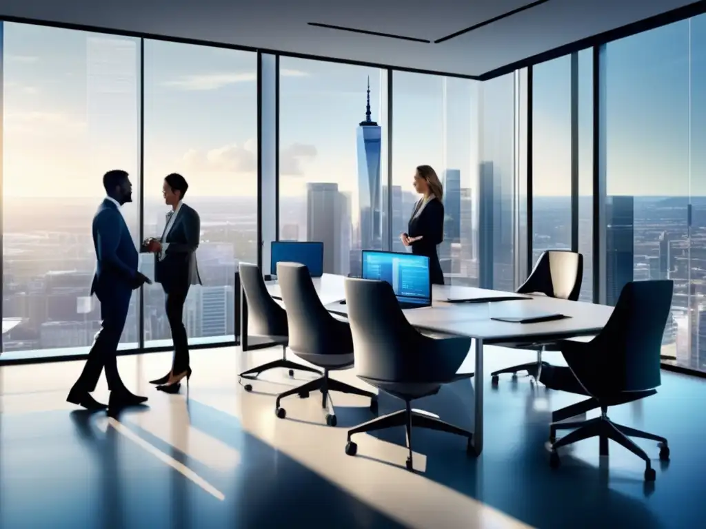 Oficina financiera moderna y profesional Oficina financiera moderna con profesionales discutiendo y gráficos de rentabilidad garantizada