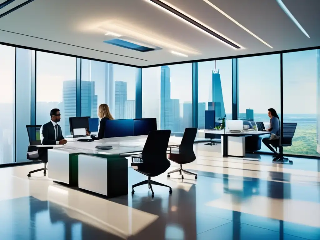 Oficina financiera moderna con profesionales analizando datos Oficina financiera moderna con profesionales analizando gráficos y utilizando tecnología avanzada