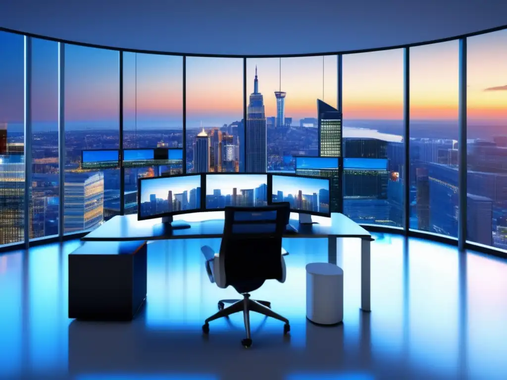 Oficina financiera moderna y sofisticada Oficina financiera moderna y sofisticada con tecnología avanzada y vista panorámica de la ciudad - Estrategias de rebalanceo financiero