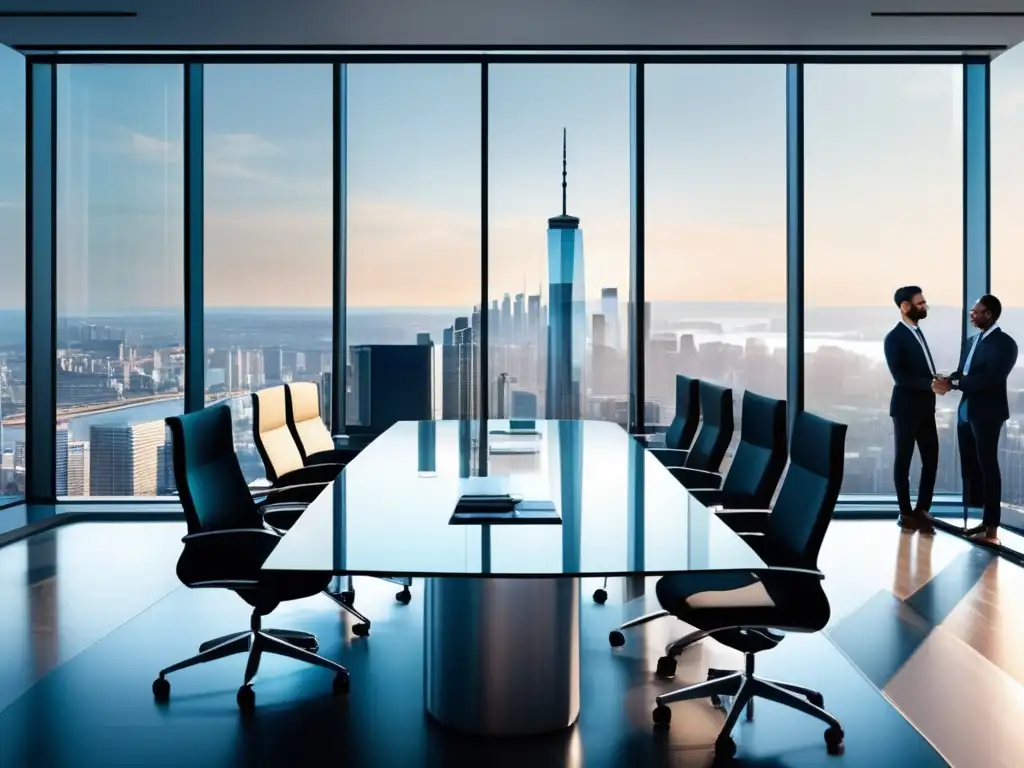 Oficina financiera moderna con vista a la ciudad Oficina financiera moderna con vista a la ciudad, profesionales analizando datos en pantalla