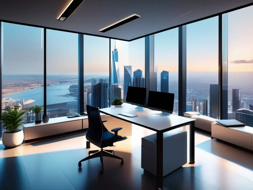Oficina financiera moderna con vista panorámica Oficina financiera moderna con vista panorámica a la ciudad y equipo profesional discutiendo sobre swap de tasa de interés