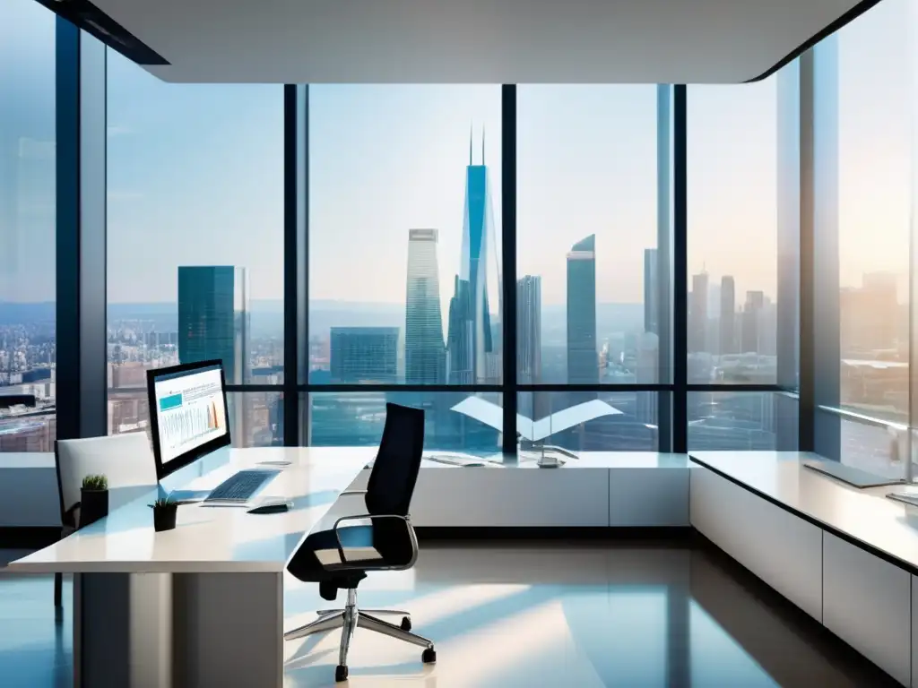 Oficina financiera moderna con vista a la ciudad Oficina financiera moderna con vista a una ciudad bulliciosa