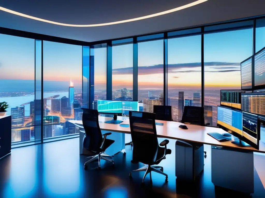 Oficina financiera moderna con profesionales y vista panorámica Oficina financiera moderna con vista panorámica de la ciudad