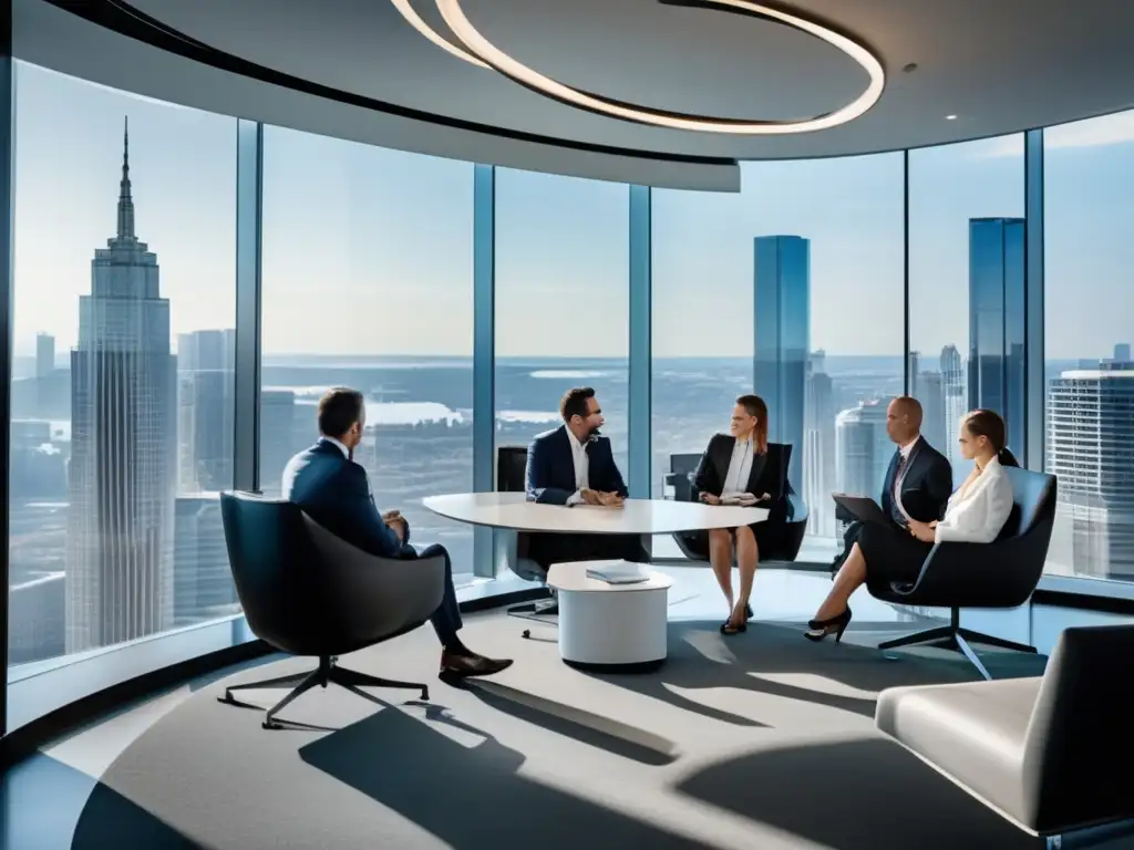 Oficina financiera moderna con vista a la ciudad Oficina financiera moderna con vista a la ciudad y profesionales discutiendo estrategias de inversión y minimizando impacto fiscal