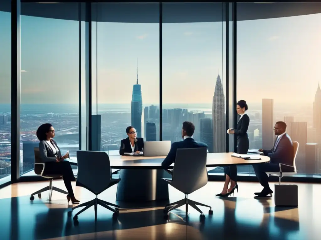 Oficina financiera moderna con profesionales discutiendo Oficina financiera moderna con vista a la ciudad - Inversiones, riesgo, regulación financiera Colombia (110 caracteres)