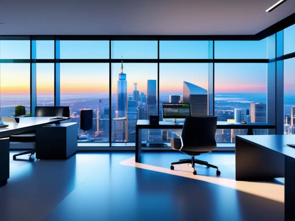 Oficina financiera moderna con vista panorámica Oficina financiera moderna con vistas a la ciudad - Estrategias de rebalanceo financiero