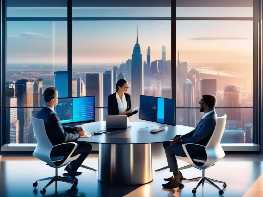 Oficina futurista con asesores financieros Oficina futurista con asesores financieros discutiendo beneficios de los bots de inversión