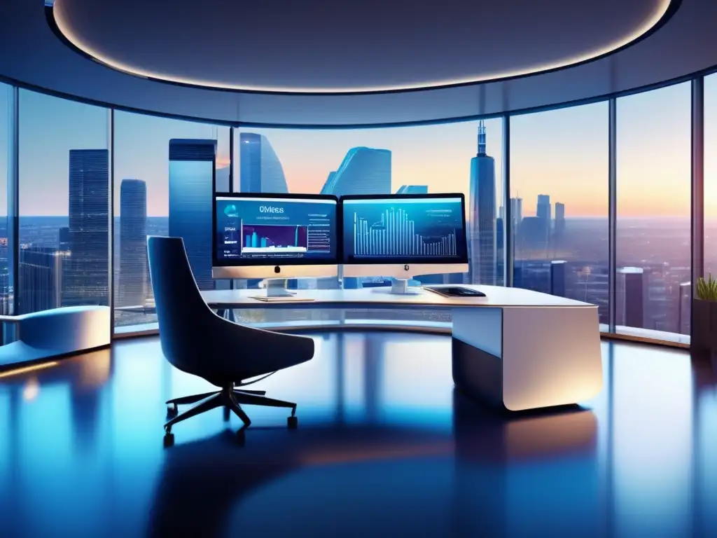 Futurosoficinamoderna Oficina futurista con elementos de diseño moderno y tecnología avanzada