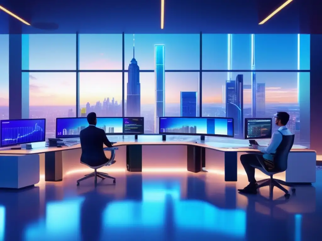 Oficina futurista con tecnología avanzada Oficina futurista con muebles minimalistas y vista a la ciudad: Beneficios de las DAOs en finanzas