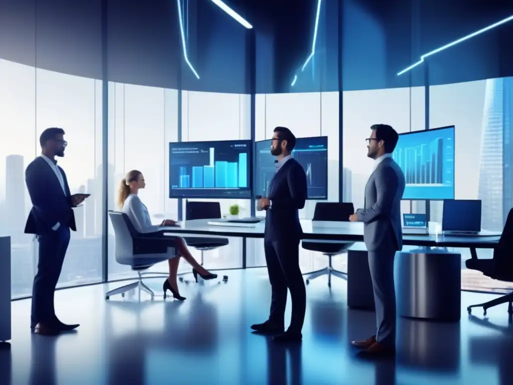 Oficina futurista con profesionales utilizando Roboadvisors para inversiones financieras