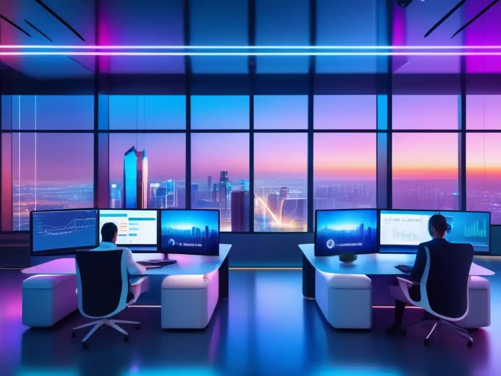 Oficina futurista con profesionales trabajando diligentemente Oficina futurista con profesionales trabajando en plataformas que simplifican declaración criptomonedas impuestos