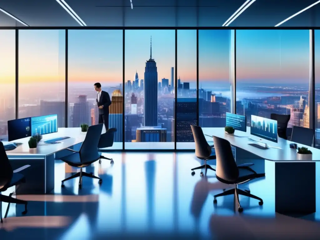 Oficina futurista con tecnología avanzada Oficina futurista con tecnología avanzada, profesionales discutiendo y ventajas de los Roboadvisors en inversiones