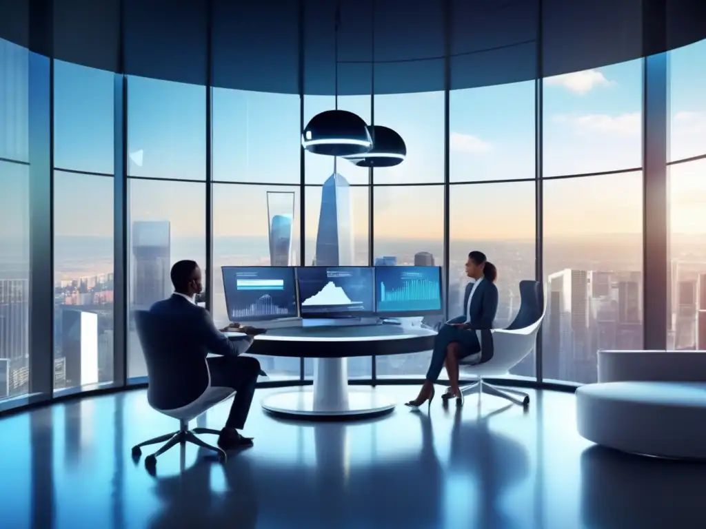 Oficina futurista con profesionales discutiendo Oficina futurista con vista a la ciudad