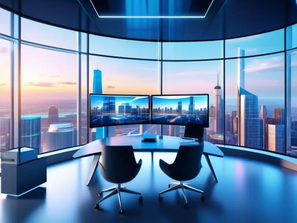 Oficina futurista con vista panorámica a la ciudad Oficina futurista con vista panorámica, moderno mobiliario y profesionales discutiendo beneficios de RoboAdvisors en inversiones