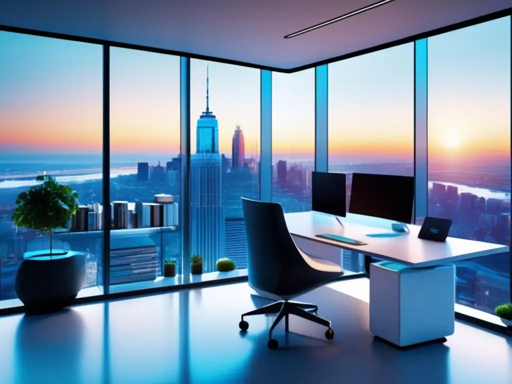 Oficina futurista con vista panorámica de la ciudad Oficina futurista con vista panorámica, escritorio blanco y bots automatizados para gestionar cartera