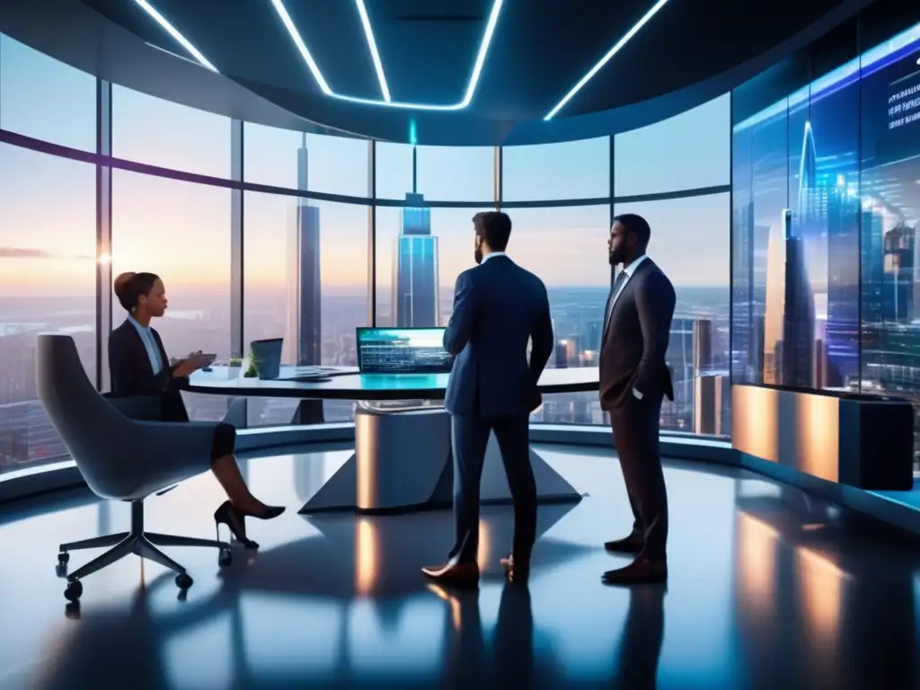 Oficina futurista con tecnología de vanguardia Oficina futurista con vistas a la ciudad y profesionales discutiendo estrategias de inversión en Roboadvisors