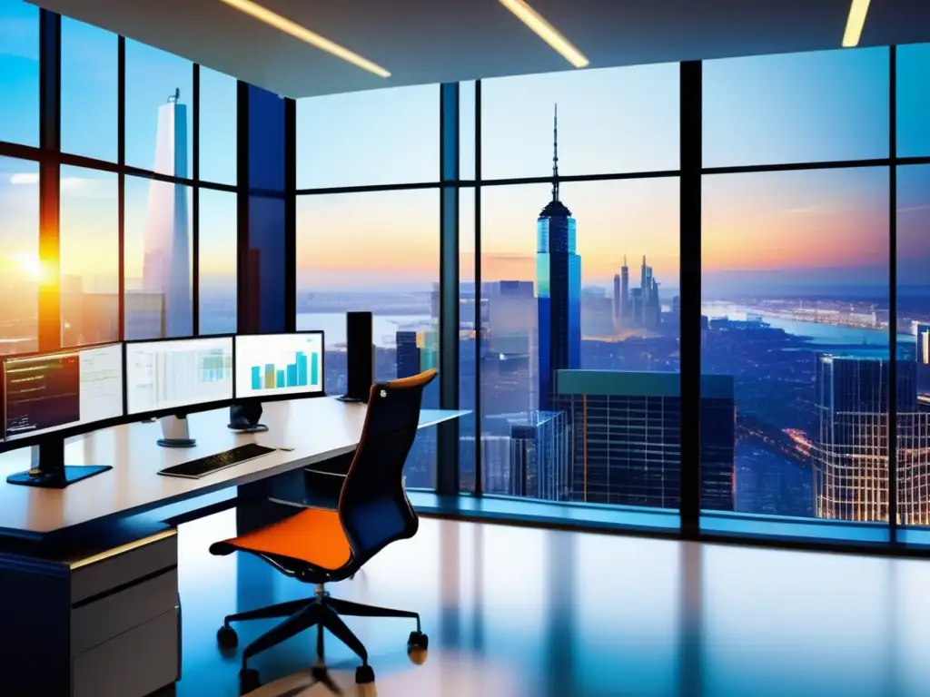 Oficina futurista con vista a la ciudad - Oficina futurista con vistas a la ciudad, iluminada por luz natural