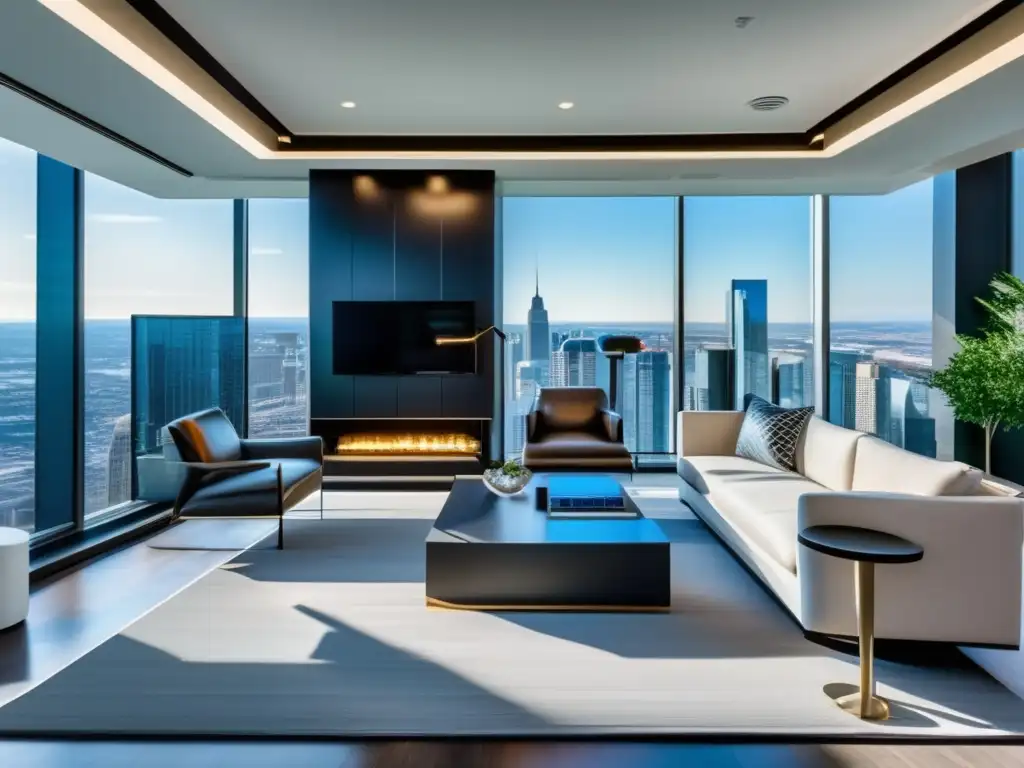 Oficina moderna de bienes raíces Oficina inmobiliaria moderna con vista panorámica de la ciudad y agentes expertos