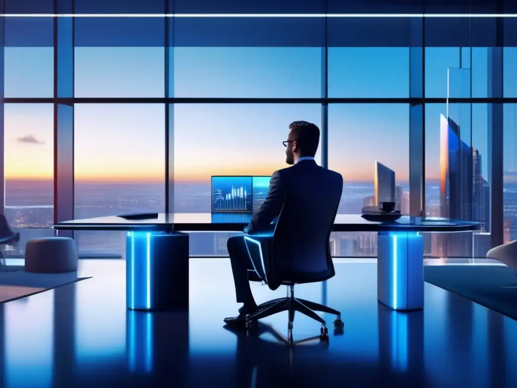 Inversor moderno en oficina minimalista Oficina minimalista con inversor exitoso y profesionales, mostrando sofisticación y éxito en plataformas de inversión modernas