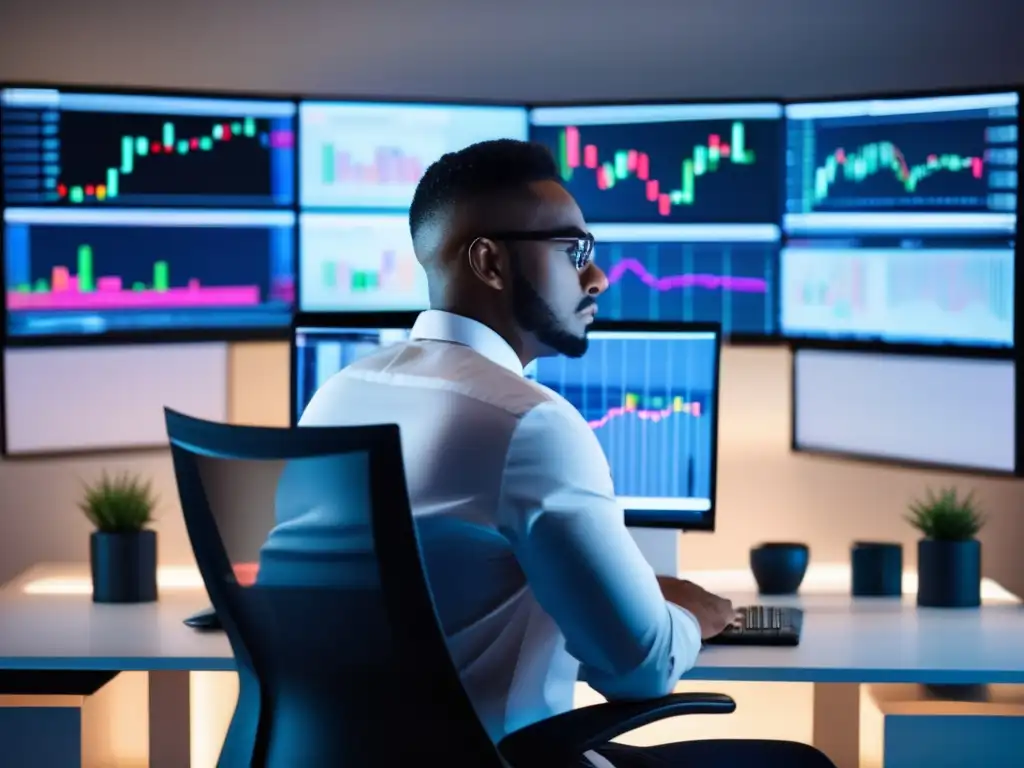 Trader enfocado en oficina moderna Trader en oficina minimalista con pantallas mostrando gráficos de bolsa