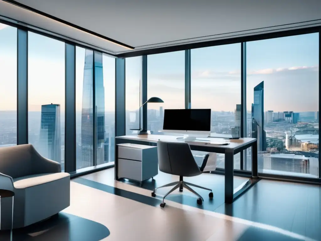 Espacio de oficina moderno con vista a la ciudad Oficina minimalista con vista a la ciudad y estrategia fiscal personalizada inversor