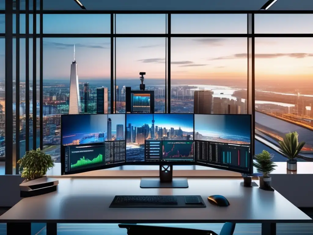 Oficina moderna con vista panorámica Oficina minimalista con vista panorámica de ciudad para day traders