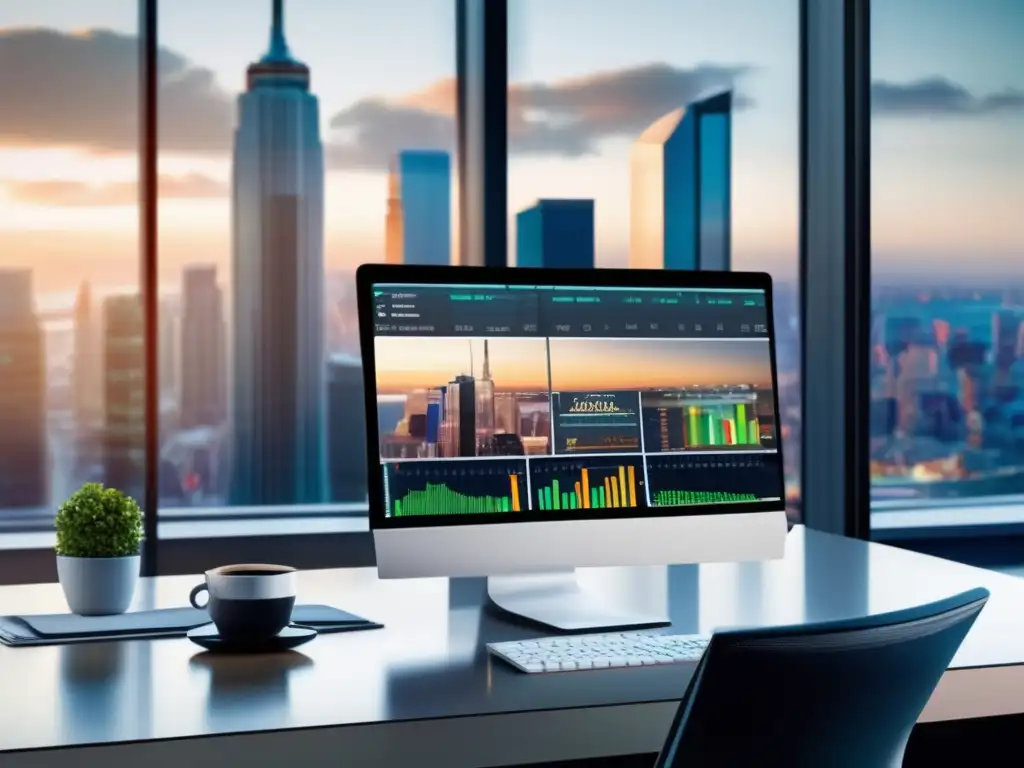 Oficina moderna y profesional con vista a la ciudad Oficina moderna: inversión activa en bolsa, análisis y decisiones rápidas