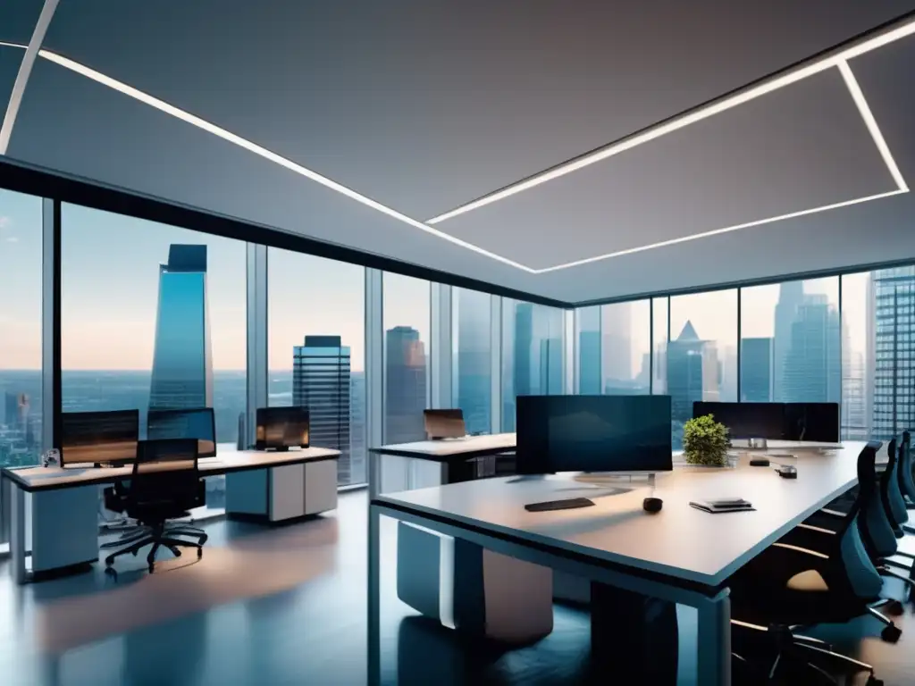 Moderna oficina con vista panorámica de distrito financiero Oficina moderna de alto detalle en distrito financiero