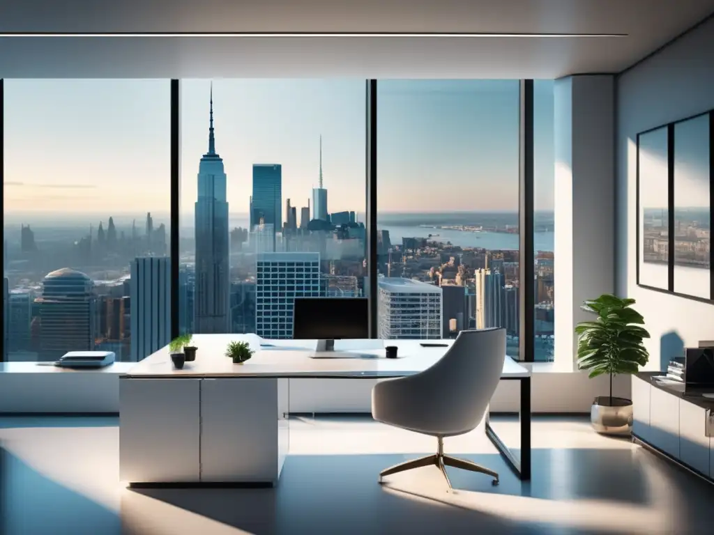 Oficina moderna y elegante con asesor financiero Oficina moderna con asesor financiero y vista a la ciudad - Riesgos de las inversiones seguras