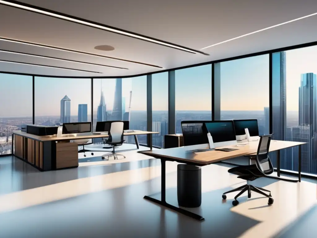 Oficina moderna y colaborativa Oficina moderna y colaborativa con vista panorámica de la ciudad