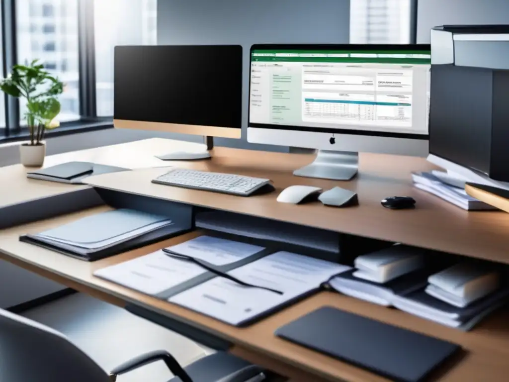 Escritorio moderno con contabilidad profesional Oficina moderna, contable profesional en escritorio ordenado, con vista ciudad