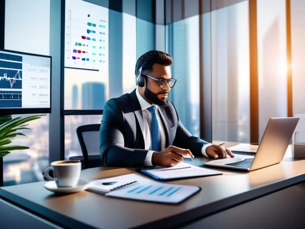 Oficina moderna, profesional analizando datos financieros Oficina moderna con contador analizando datos financieros