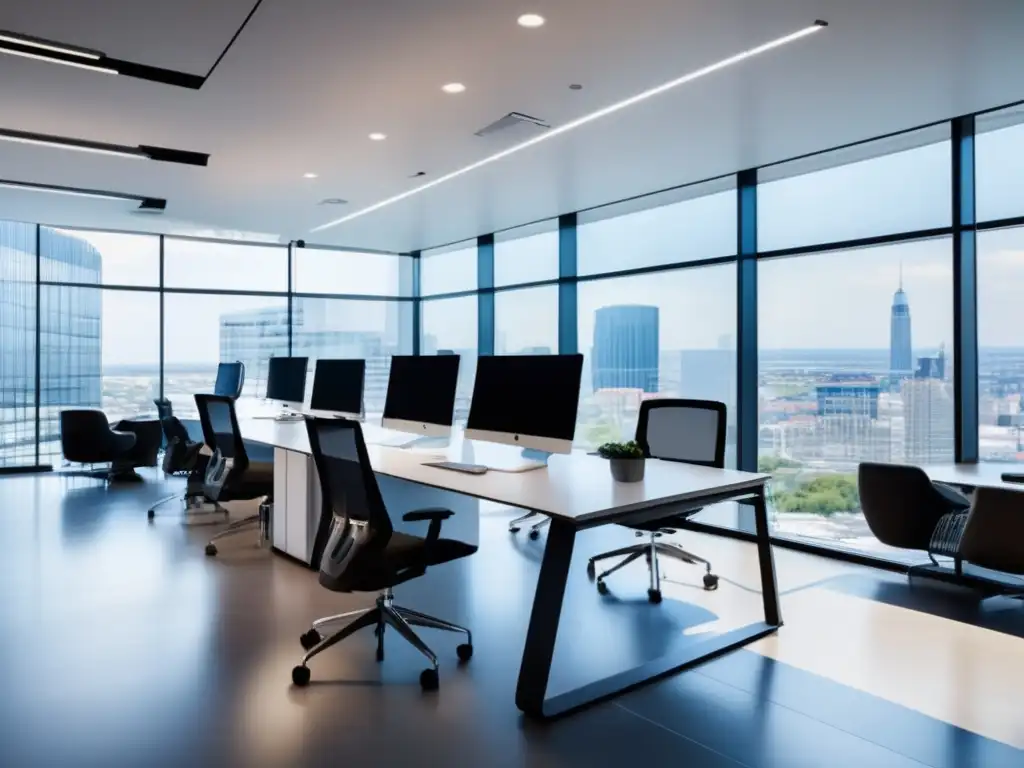 Espacio de oficina moderno y sofisticado Oficina moderna con diseño minimalista y tecnología avanzada, profesionales discutiendo ratios financieros inversión potencial