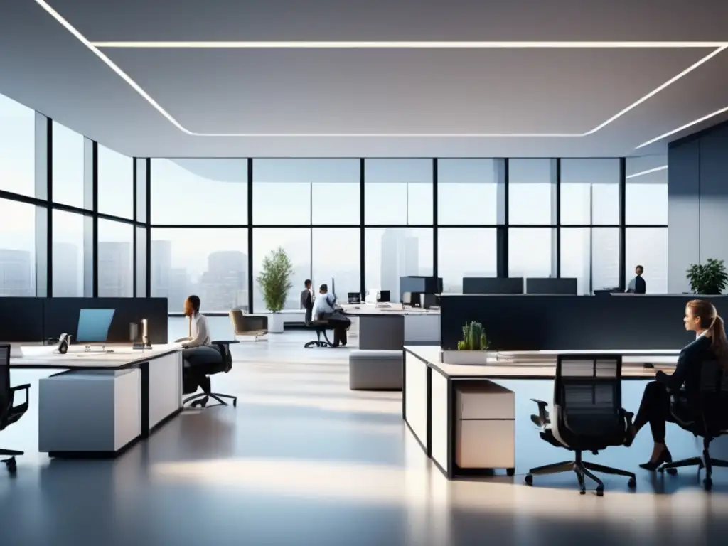 Oficina moderna y colaborativa con profesionales trabajando Oficina moderna con diseño minimalista