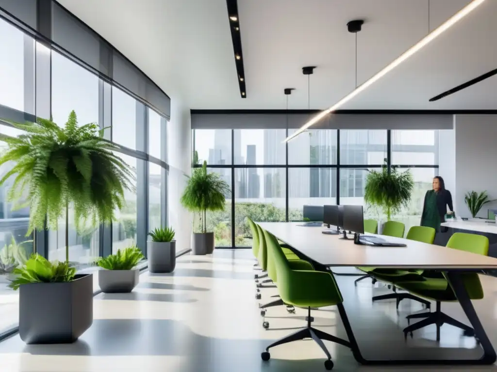 Espacio de oficina moderno y luminoso Oficina moderna con diseño minimalista, luz natural y mobiliario ergonómico