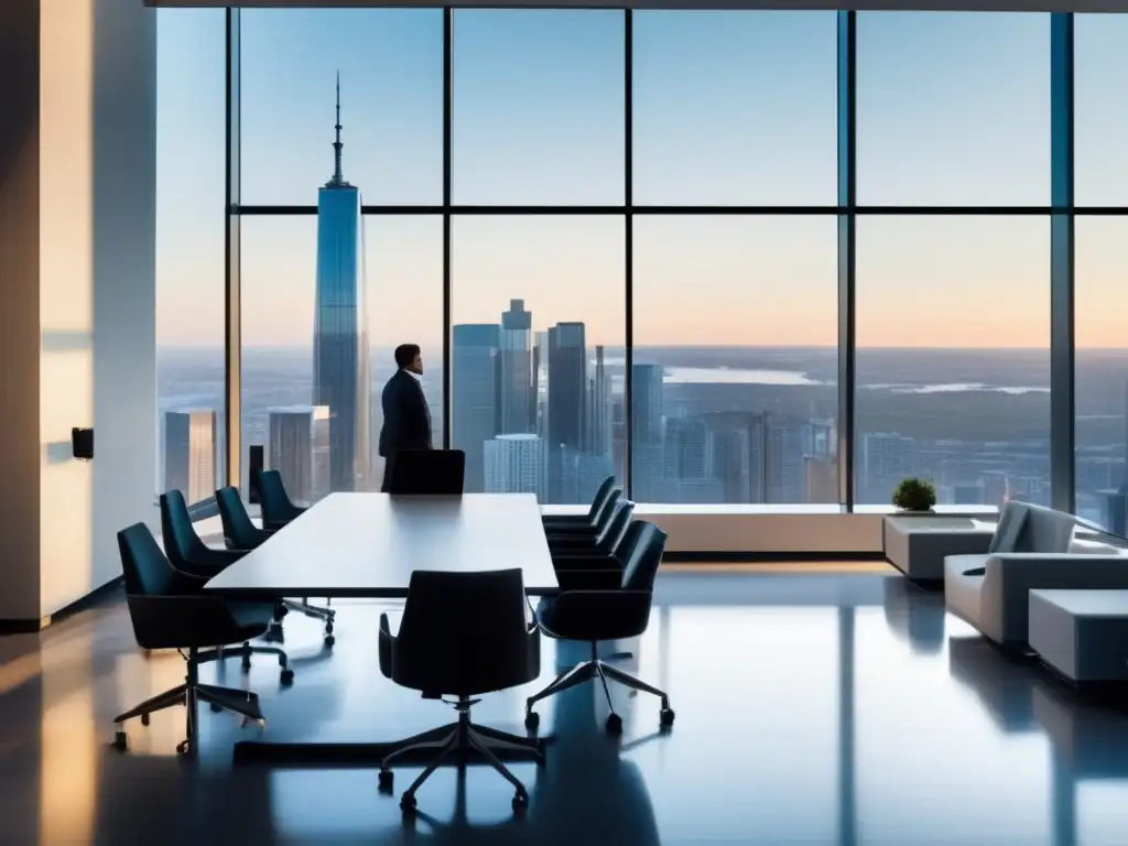 Oficina moderna con vista panorámica de la ciudad Oficina moderna con diseño minimalista y vista panorámica de la ciudad