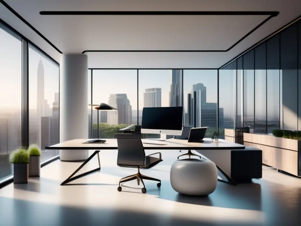 Oficina moderna y elegante, inspirando cultura financiera Oficina moderna y elegante con luz natural, escritorio de vidrio y cultura financiera personal: claves equilibrio económico