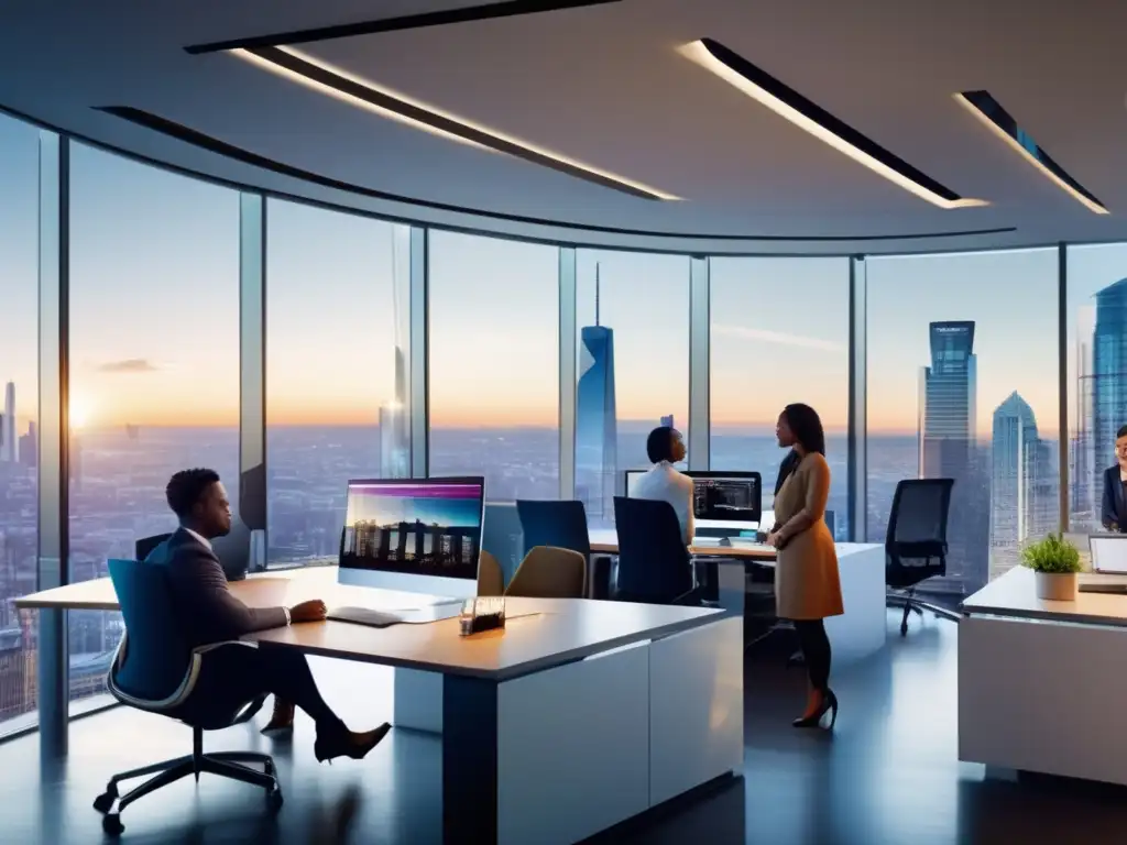 Oficina moderna con profesionales trabajando Oficina moderna y elegante con profesionales realizando análisis financiero y gestión de carteras
