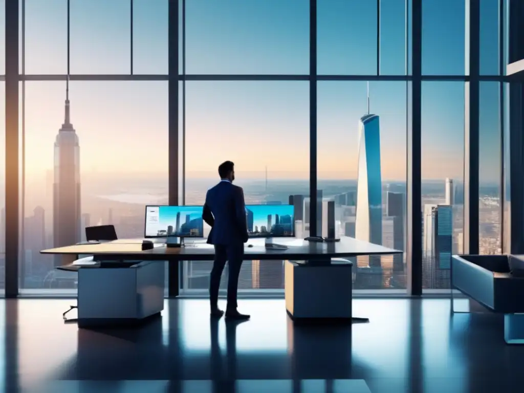 Oficina moderna con vista panorámica Oficina moderna y elegante con vista panorámica a la ciudad y persona experta en finanzas con tablet mostrando datos de la bolsa