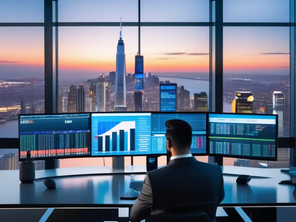 Oficina financiera con vista a la ciudad Oficina moderna y elegante con vista a la ciudad, equipada con tecnología financiera y un analista estudiando el gráfico del DJIA