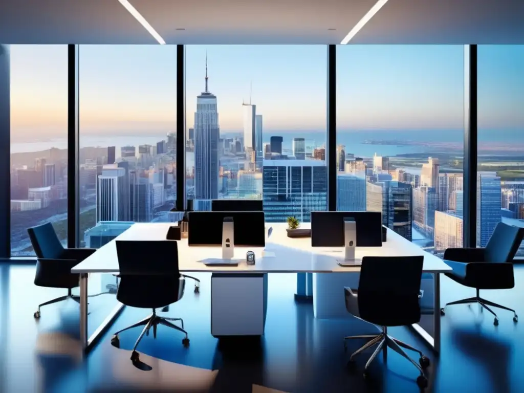 Oficina moderna con vista panorámica de ciudad Oficina moderna y elegante con vista panorámica de una ciudad vibrante