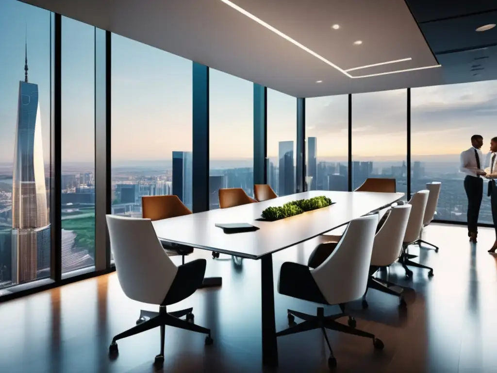 Oficina moderna con profesionales analizando ETFs Oficina moderna y elegante con vista a la ciudad, profesionales discuten sobre Cursos ETFs y Fondos Mutuos